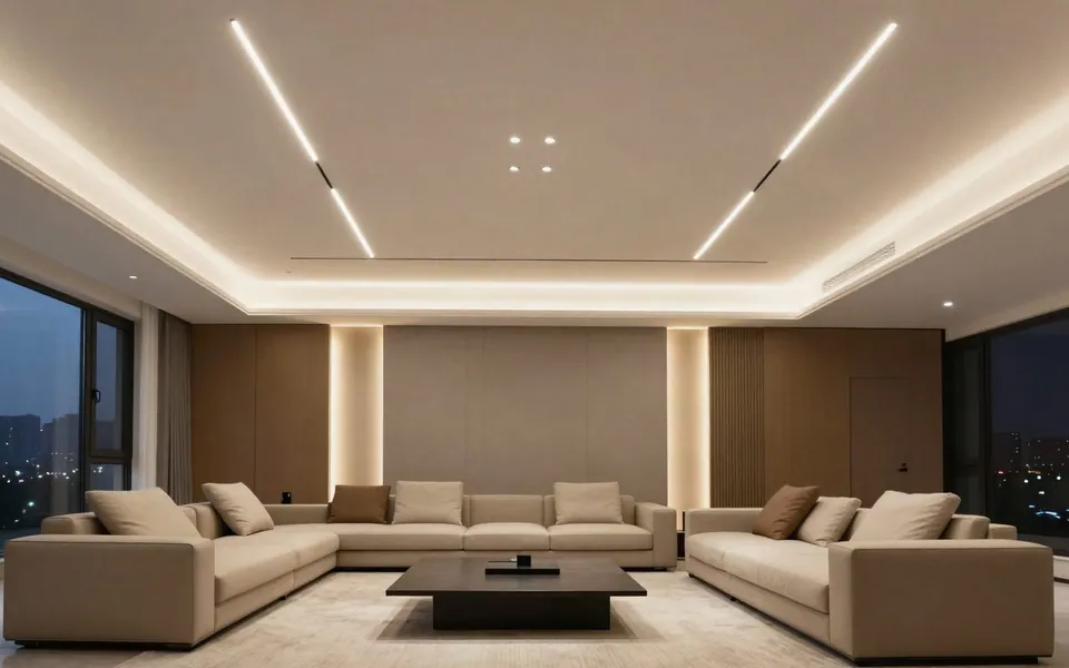 Sala com iluminação indireta, perfis de LED no teto e sofás claros