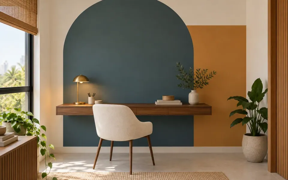 Conceito de pintura geométrica em verde e ocre, com bancada de madeira e plantas