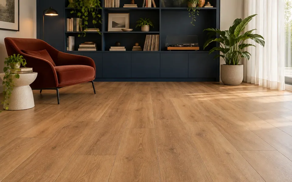 Conceito de ambiente com piso amadeirado, poltrona terracota e plantas