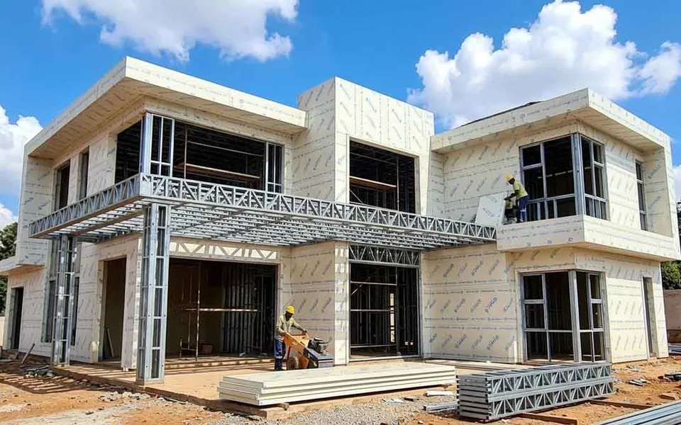Estrutura de casa em steel frame durante a construção, sob céu azul