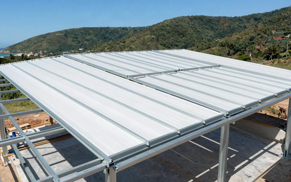 Cobertura com telhas claras sobre estrutura metálica, junto a uma paisagem litorânea